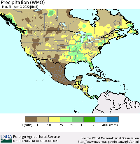 North America Precipitation (WMO) Thematic Map For 3/28/2022 - 4/3/2022