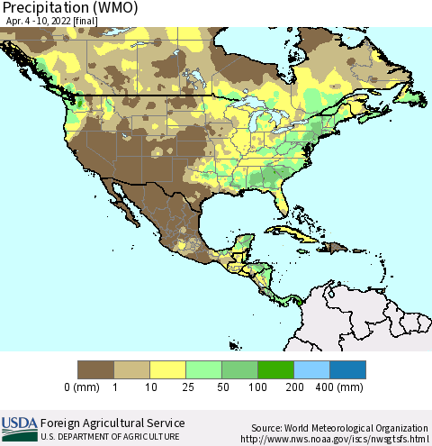 North America Precipitation (WMO) Thematic Map For 4/4/2022 - 4/10/2022
