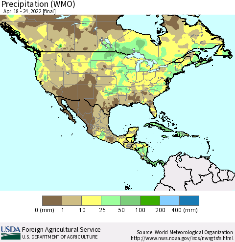 North America Precipitation (WMO) Thematic Map For 4/18/2022 - 4/24/2022
