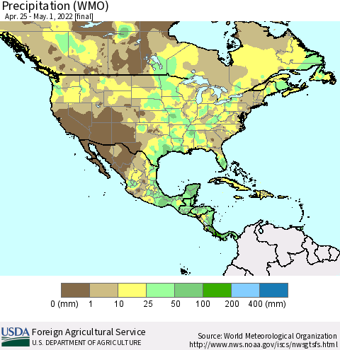 North America Precipitation (WMO) Thematic Map For 4/25/2022 - 5/1/2022