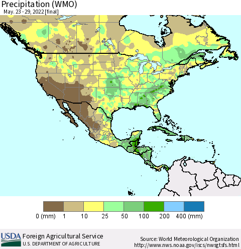 North America Precipitation (WMO) Thematic Map For 5/23/2022 - 5/29/2022