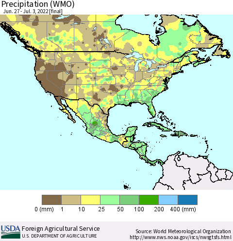 North America Precipitation (WMO) Thematic Map For 6/27/2022 - 7/3/2022