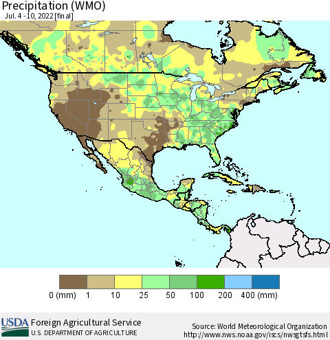 North America Precipitation (WMO) Thematic Map For 7/4/2022 - 7/10/2022