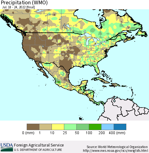 North America Precipitation (WMO) Thematic Map For 7/18/2022 - 7/24/2022