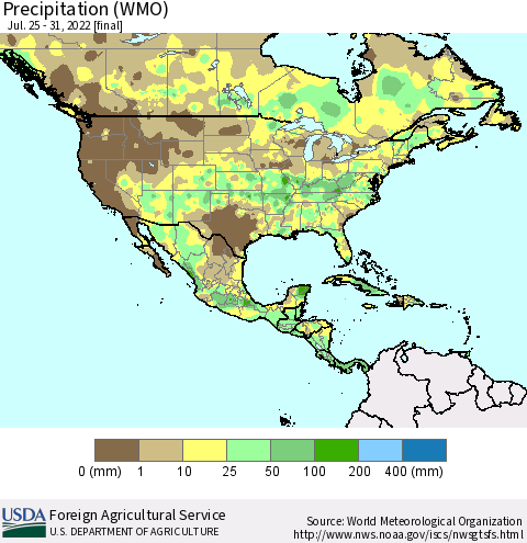 North America Precipitation (WMO) Thematic Map For 7/25/2022 - 7/31/2022