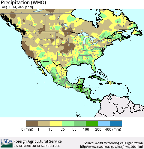 North America Precipitation (WMO) Thematic Map For 8/8/2022 - 8/14/2022