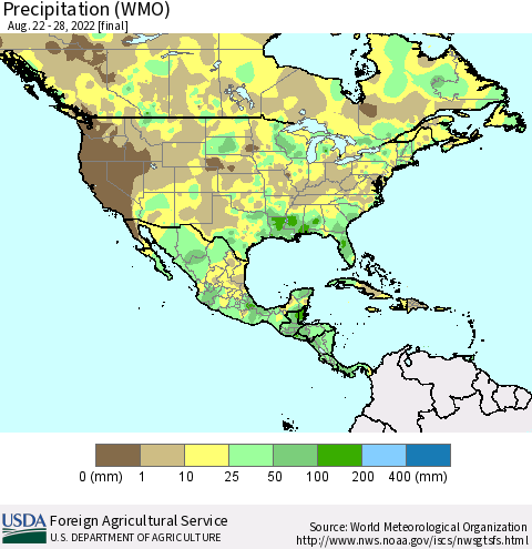 North America Precipitation (WMO) Thematic Map For 8/22/2022 - 8/28/2022