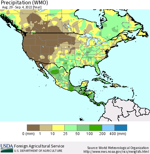 North America Precipitation (WMO) Thematic Map For 8/29/2022 - 9/4/2022