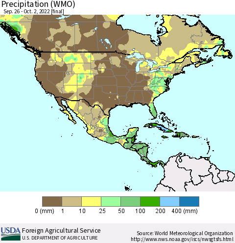 North America Precipitation (WMO) Thematic Map For 9/26/2022 - 10/2/2022