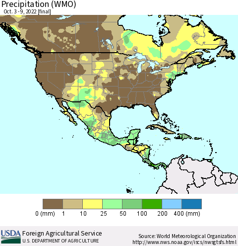 North America Precipitation (WMO) Thematic Map For 10/3/2022 - 10/9/2022