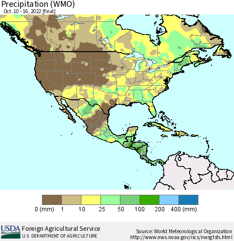 North America Precipitation (WMO) Thematic Map For 10/10/2022 - 10/16/2022