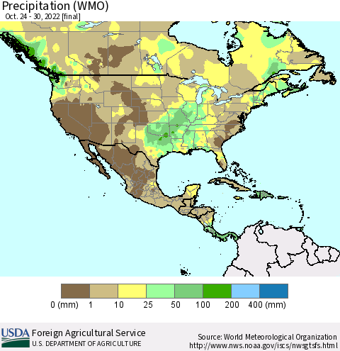 North America Precipitation (WMO) Thematic Map For 10/24/2022 - 10/30/2022