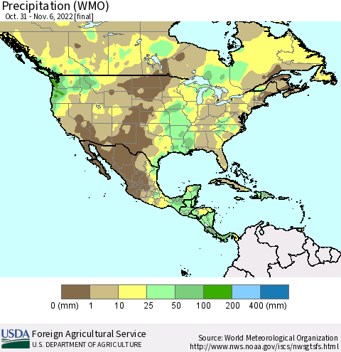 North America Precipitation (WMO) Thematic Map For 10/31/2022 - 11/6/2022