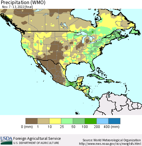 North America Precipitation (WMO) Thematic Map For 11/7/2022 - 11/13/2022