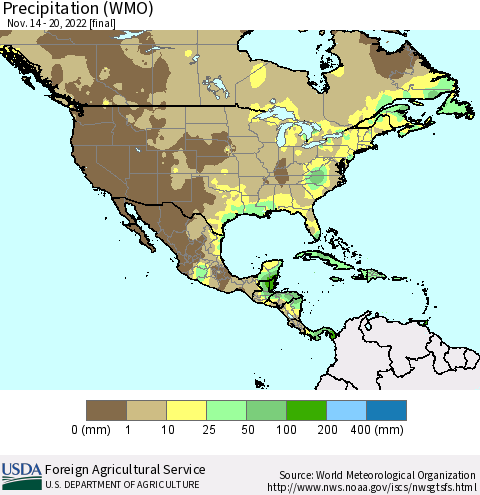 North America Precipitation (WMO) Thematic Map For 11/14/2022 - 11/20/2022