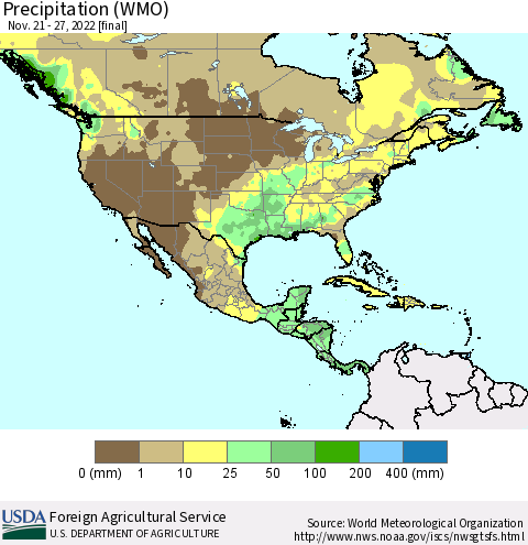 North America Precipitation (WMO) Thematic Map For 11/21/2022 - 11/27/2022