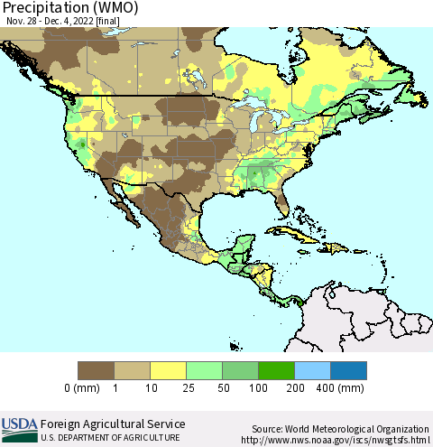 North America Precipitation (WMO) Thematic Map For 11/28/2022 - 12/4/2022