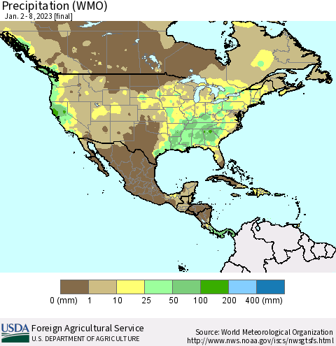 North America Precipitation (WMO) Thematic Map For 1/2/2023 - 1/8/2023