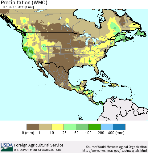North America Precipitation (WMO) Thematic Map For 1/9/2023 - 1/15/2023