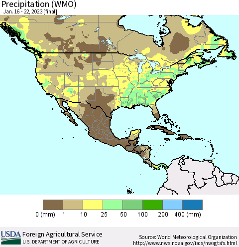 North America Precipitation (WMO) Thematic Map For 1/16/2023 - 1/22/2023