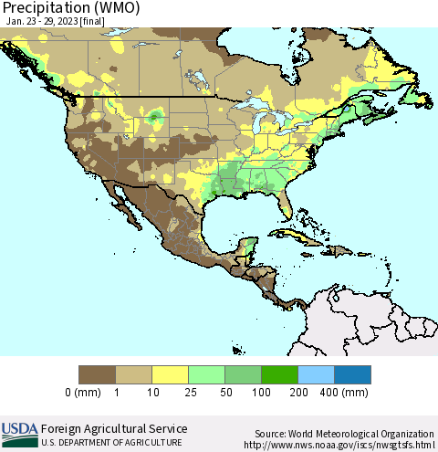 North America Precipitation (WMO) Thematic Map For 1/23/2023 - 1/29/2023