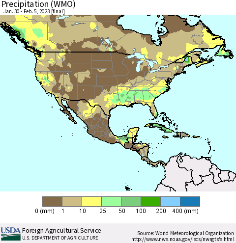 North America Precipitation (WMO) Thematic Map For 1/30/2023 - 2/5/2023