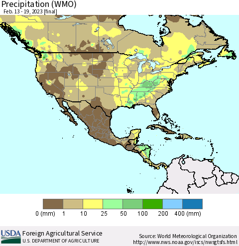 North America Precipitation (WMO) Thematic Map For 2/13/2023 - 2/19/2023
