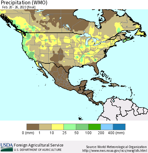 North America Precipitation (WMO) Thematic Map For 2/20/2023 - 2/26/2023