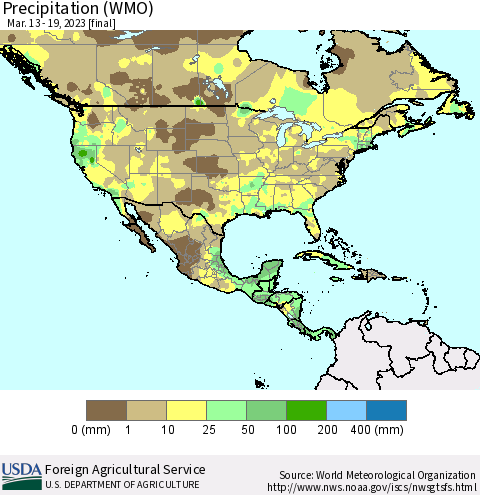 North America Precipitation (WMO) Thematic Map For 3/13/2023 - 3/19/2023