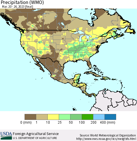 North America Precipitation (WMO) Thematic Map For 3/20/2023 - 3/26/2023