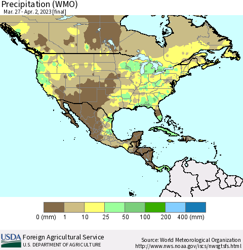 North America Precipitation (WMO) Thematic Map For 3/27/2023 - 4/2/2023