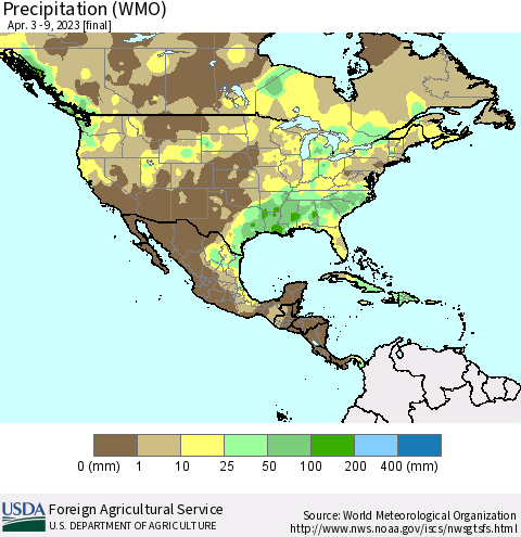 North America Precipitation (WMO) Thematic Map For 4/3/2023 - 4/9/2023