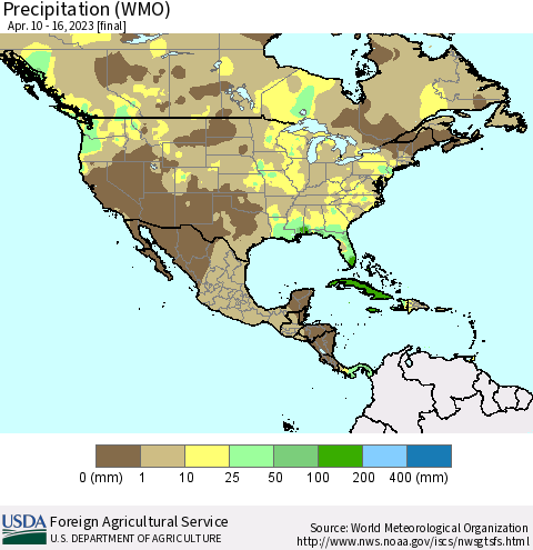 North America Precipitation (WMO) Thematic Map For 4/10/2023 - 4/16/2023