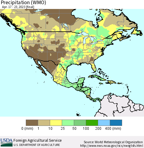 North America Precipitation (WMO) Thematic Map For 4/17/2023 - 4/23/2023