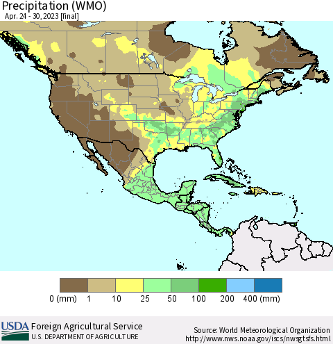 North America Precipitation (WMO) Thematic Map For 4/24/2023 - 4/30/2023