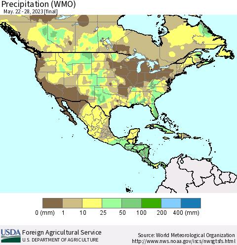 North America Precipitation (WMO) Thematic Map For 5/22/2023 - 5/28/2023
