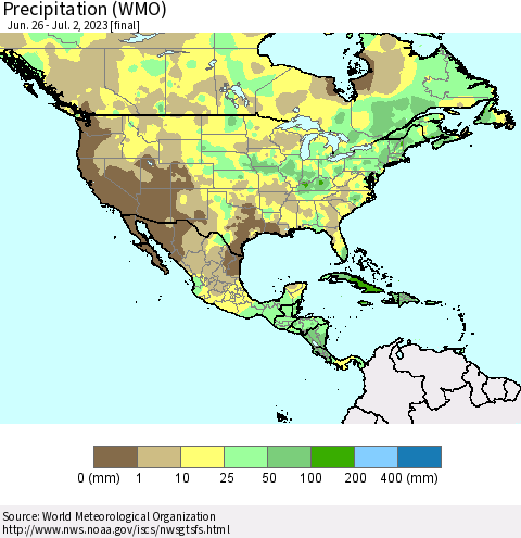 North America Precipitation (WMO) Thematic Map For 6/26/2023 - 7/2/2023