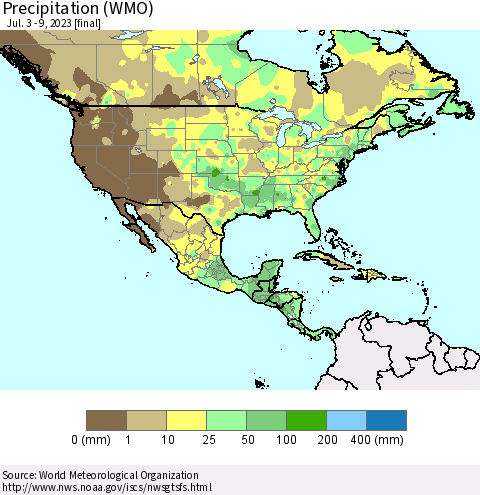 North America Precipitation (WMO) Thematic Map For 7/3/2023 - 7/9/2023