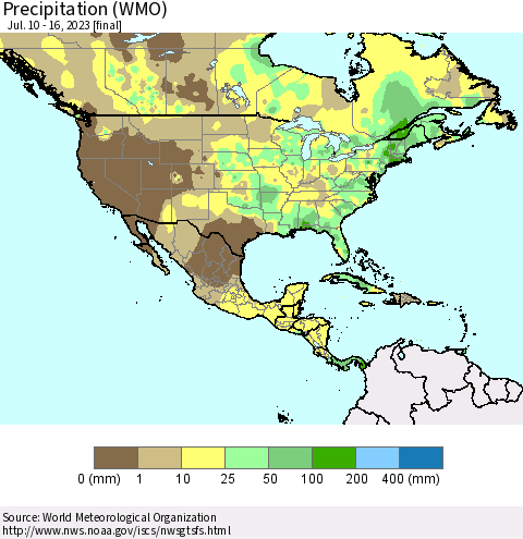 North America Precipitation (WMO) Thematic Map For 7/10/2023 - 7/16/2023