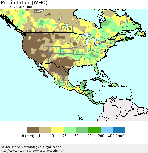 North America Precipitation (WMO) Thematic Map For 7/17/2023 - 7/23/2023