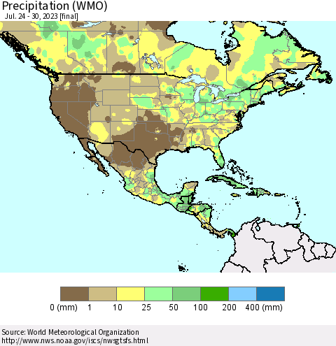 North America Precipitation (WMO) Thematic Map For 7/24/2023 - 7/30/2023