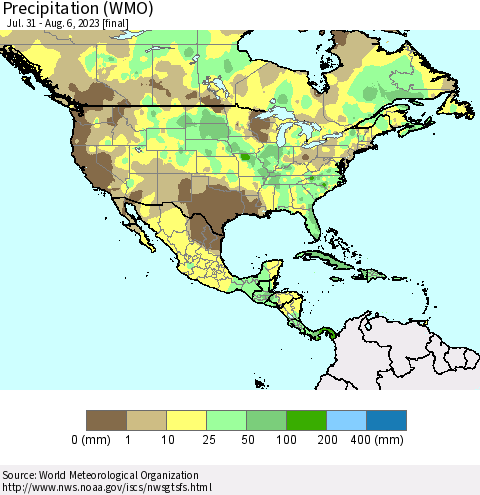 North America Precipitation (WMO) Thematic Map For 7/31/2023 - 8/6/2023