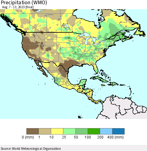 North America Precipitation (WMO) Thematic Map For 8/7/2023 - 8/13/2023