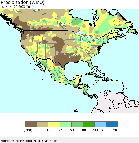 North America Precipitation (WMO) Thematic Map For 8/14/2023 - 8/20/2023