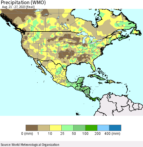 North America Precipitation (WMO) Thematic Map For 8/21/2023 - 8/27/2023