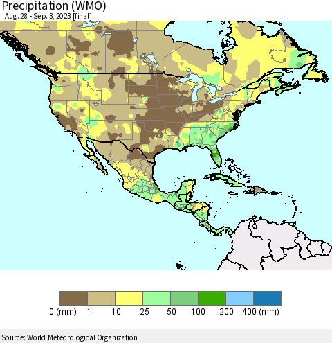 North America Precipitation (WMO) Thematic Map For 8/28/2023 - 9/3/2023