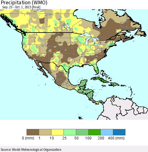 North America Precipitation (WMO) Thematic Map For 9/25/2023 - 10/1/2023