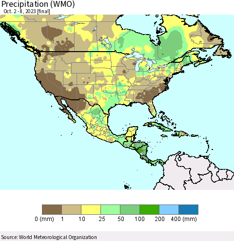 North America Precipitation (WMO) Thematic Map For 10/2/2023 - 10/8/2023