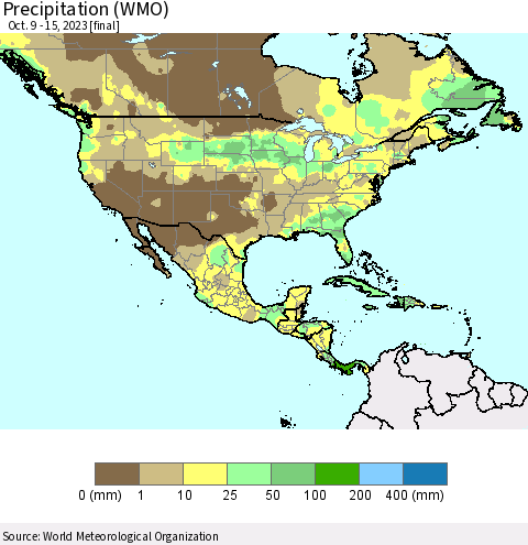 North America Precipitation (WMO) Thematic Map For 10/9/2023 - 10/15/2023