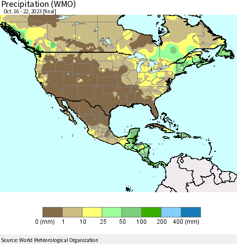 North America Precipitation (WMO) Thematic Map For 10/16/2023 - 10/22/2023